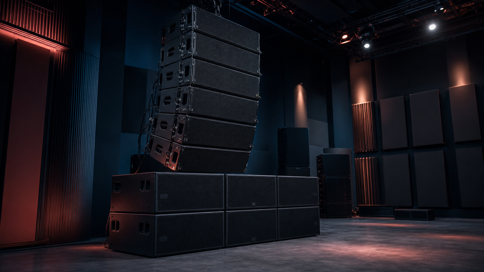 Stack di diffusori audio professionali line-array pronti per l'installazione in un locale