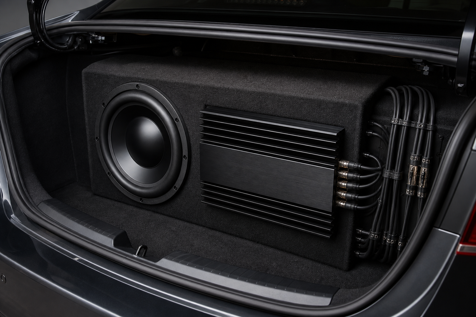 Bagagliaio di un'auto con subwoofer e amplificatore installati