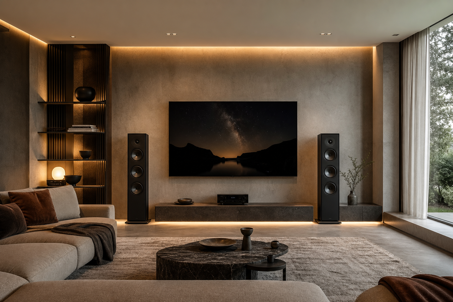 Salotto moderno con diffusori da pavimento per home theatre su misura