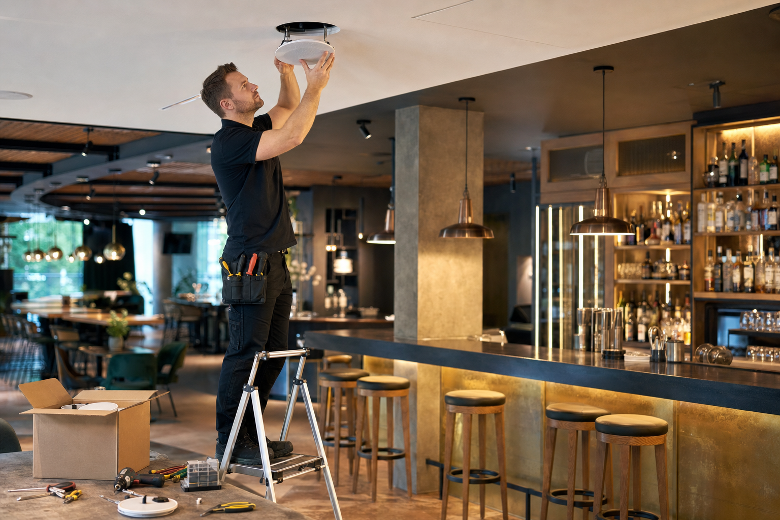 Tecnico installa diffusori a soffitto in un bar in fase di ristrutturazione